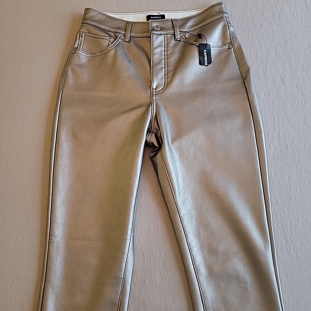 Nwt Express High Rise Faux Leather Metallic Pants Womens Size 4L 27x30